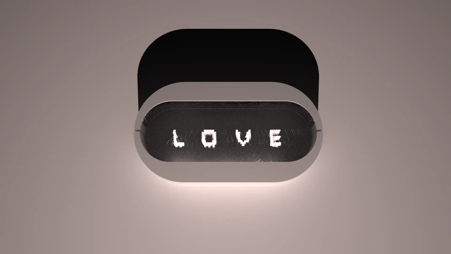A rendered image of a facette surface which reflects the word LOVE