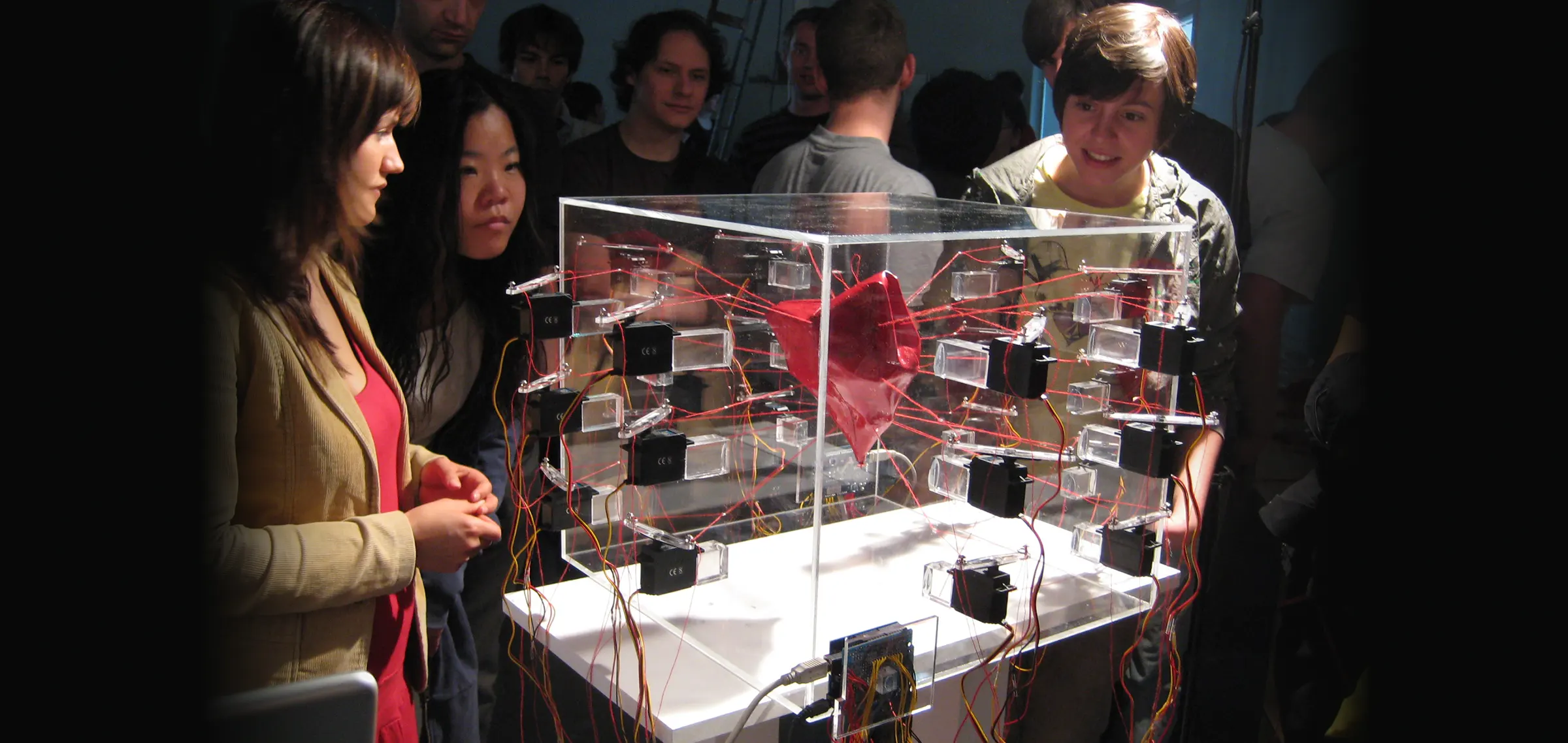 Multiple people stand around the glass cube and look surprised at the latex object.
